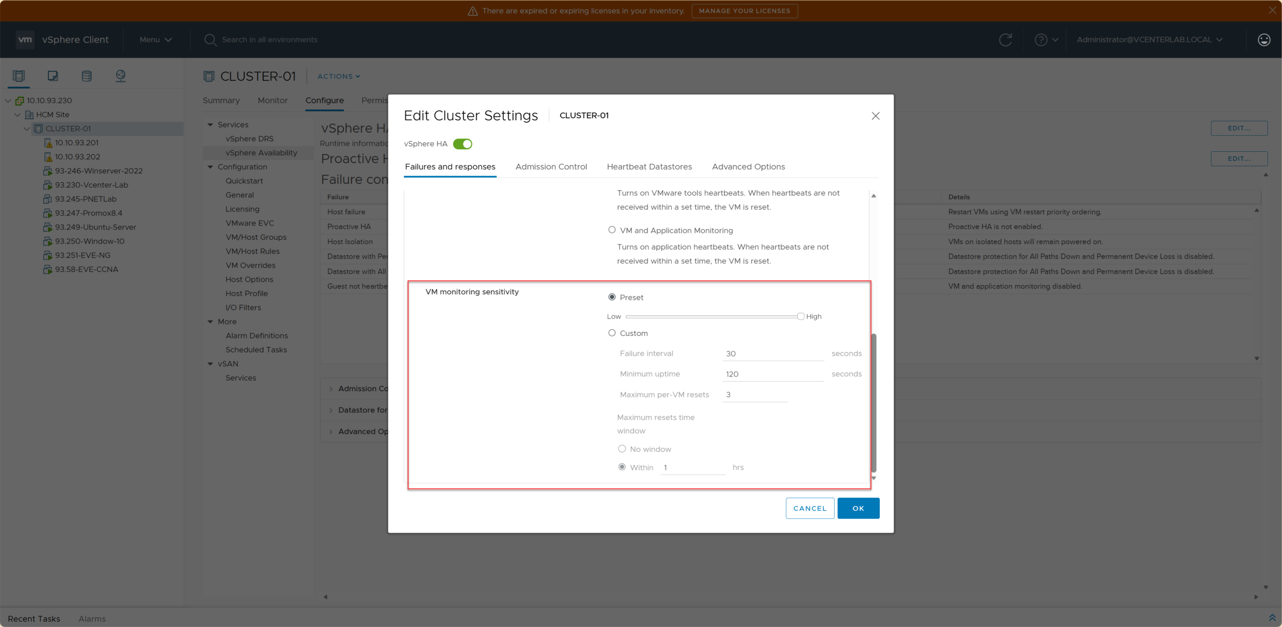 VM Monitoring Sensitivity